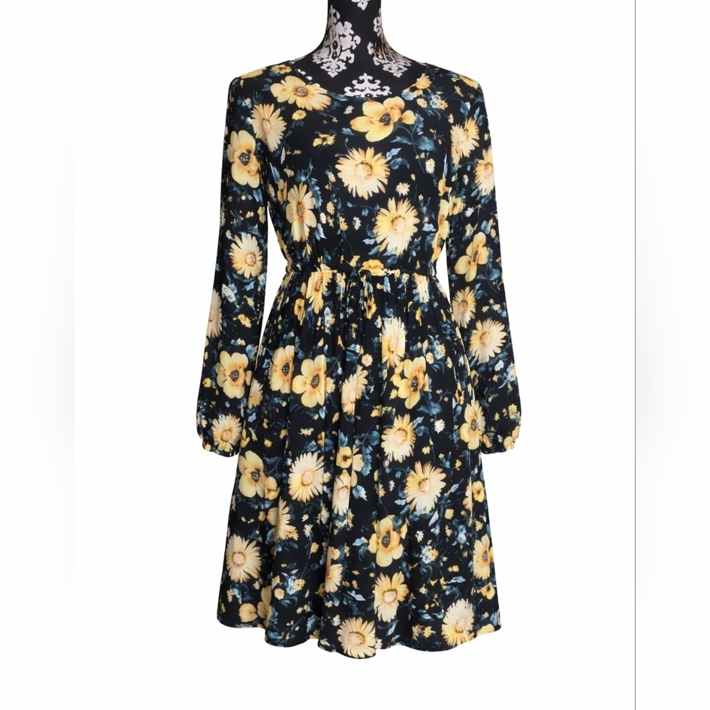 Torrid Size 0 Large Black Yellow Floral Long Sleeve Dress Elastic Waist With Tie